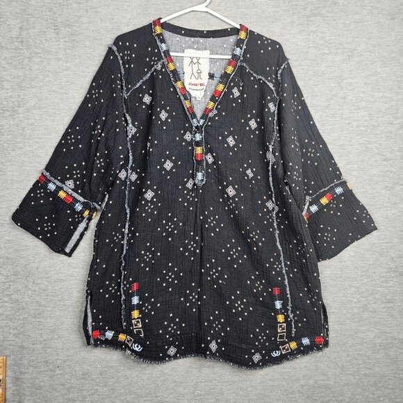 Johnny Was Tops - Johnny Was Pete & Greta Nazar Gauze Embroidered Black Blouse Size L